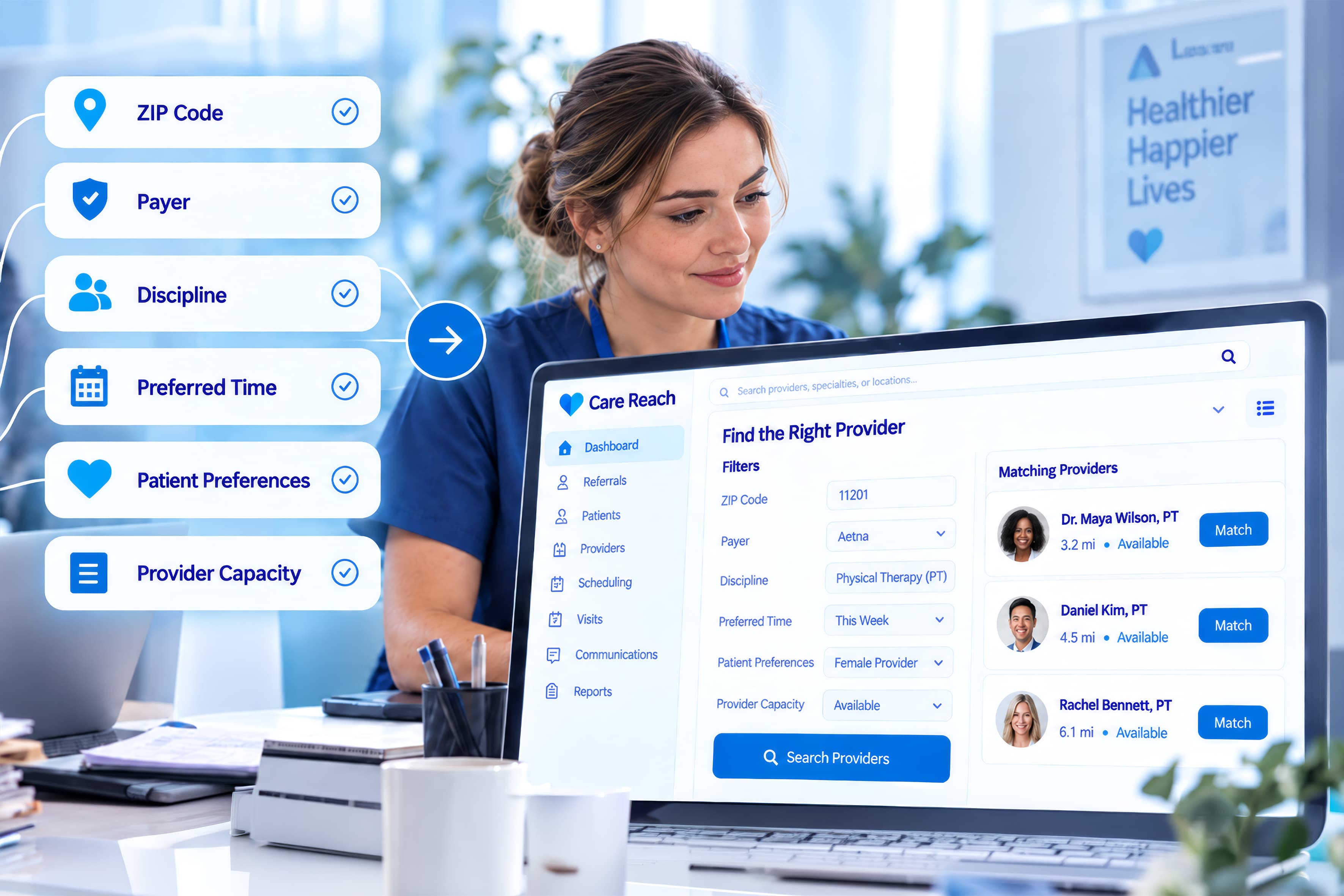 Care Reach provider matching by ZIP code, payer, discipline, preferred time, patient preferences, and provider capacity